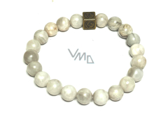 Agate grey with royal mantra Ohm bracelet elastic natural stone, ball 8 mm / 16 - 17 cm