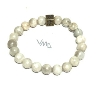 Agate grey with royal mantra Ohm bracelet elastic natural stone, ball 8 mm / 16 - 17 cm