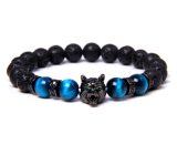 Lava black + Tiger eye light blue + Wolf head bracelet elastic natural stone, ball 8 mm / 19 cm