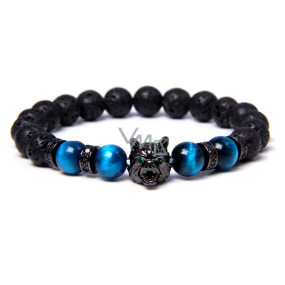 Lava black + Tiger eye light blue + Wolf head bracelet elastic natural stone, ball 8 mm / 19 cm