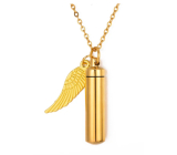 Commemorative urn pendant, angel wings gold waterproof, stainless steel 9 x 37 mm