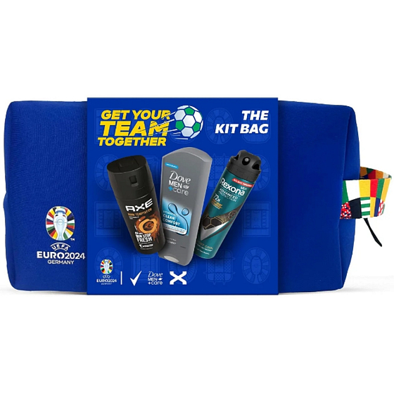 Rexona Euro 2024 Advanced Protection Sport Cool antiperspirant spray 150 ml + Axe Dark Temptation deodorant spray 150 ml + Dove Men +Care Clean Comfort Shower Gel 250 ml + men's case, gift set for men