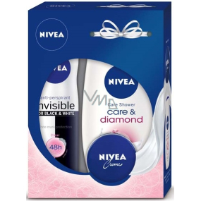 Nivea Care & Diamond 250 ml shower gel + Black & White Clear antiperspirant spray 150 ml + cream 30 ml, cosmetic set