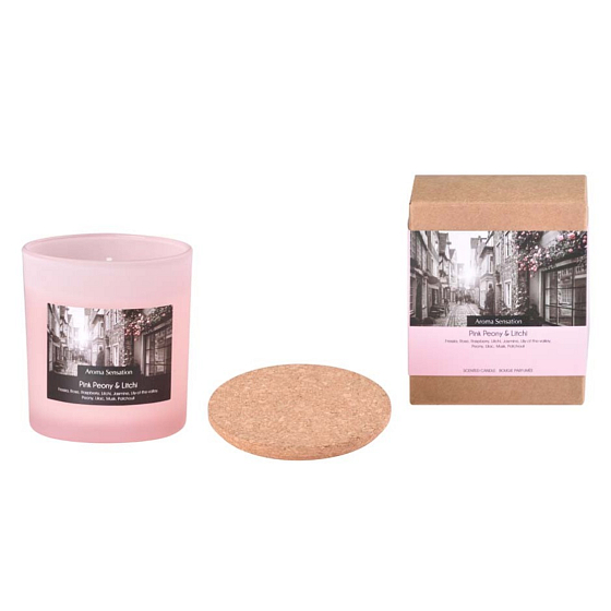 Arome Aroma Sensation Pink Peony and Litchi scented candle in glass with cork lid 7.5 x 8.5 cm 340 g