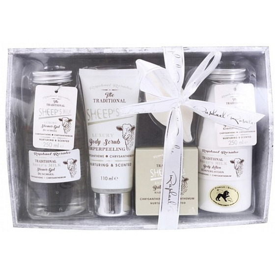 Raphael Rosalee Sheep milk shower gel 250 ml + body milk 250 ml + body scrub 110 ml + bath salt 100 g + toilet soap 40 g + wooden tray, cosmetic set