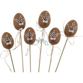 Plastic egg natural brown with cats 6 cm + skewer, 1 piece