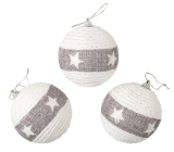 White baubles with a star and a gray stripe for hanging 8 cm, 3 pieces