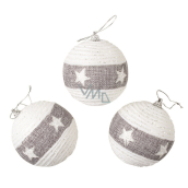 White baubles with a star and a gray stripe for hanging 8 cm, 3 pieces