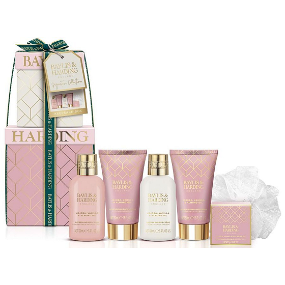 Baylis & Harding Jojoba, Vanilla & Almond oil shower cream 100 ml + washing gel 100 ml + body lotion 50 ml + hand cream 50 ml + bath crystals 25 g + washing cloth, cosmetic set for women