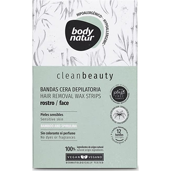 Body Natur Clean Beauty Bamboo & Spirulina depilatory wax strips for sensitive facial skin 12 pieces