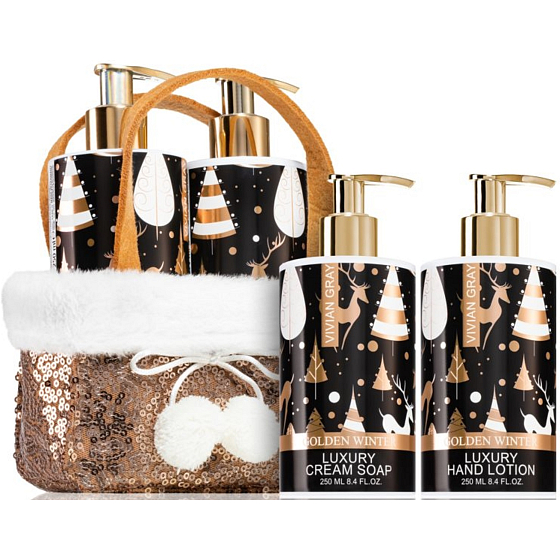 Vivian Gray Christmas Brown Ylang and Vanilla liquid soap dispenser 250 ml + hand lotion 250 ml + pouch, cosmetic set for women