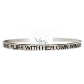 Stainless steel bracelet silver with engraving Flies with her own wings, open cuff, 4 mm