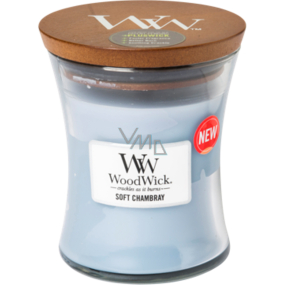 WoodWick Soft Chambray - Clean linen scented candle with wooden wick and glass lid small 85 g
