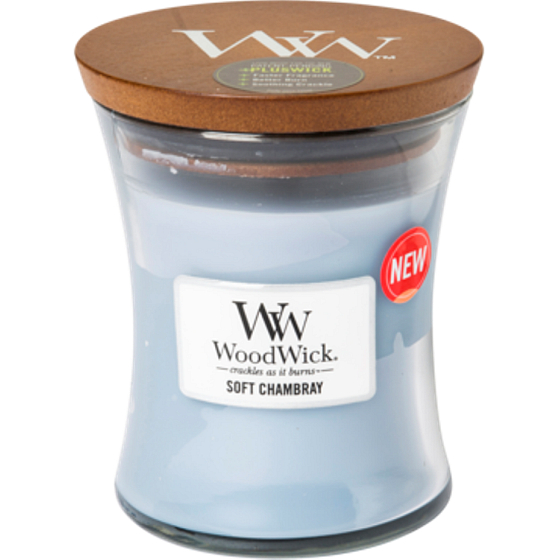 WoodWick Soft Chambray - Clean linen scented candle with wooden wick and glass lid small 85 g