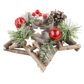 Christmas wooden candle holder in the shape of a star with red accessories and pine cones 20 cm
