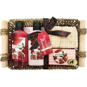 Raphael Rosalee Cosmetics Pomegranate shower gel 150 ml + body lotion 150 ml + solid soap 100 g + massage towel + basket, cosmetic set