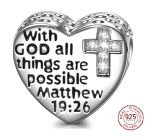 Sterling silver 925 Religious spells Matthew 19.26 with cubic zirconia cross, bead for bracelet
