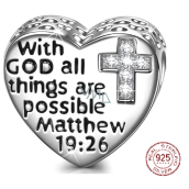 Sterling silver 925 Religious spells Matthew 19.26 with cubic zirconia cross, bead for bracelet