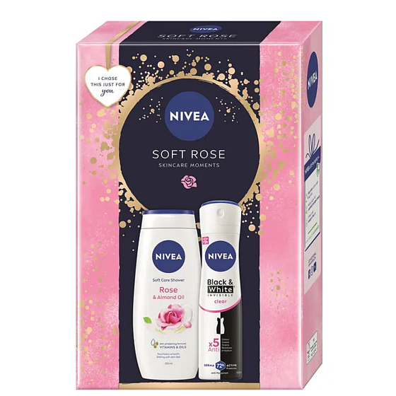 Nivea Soft Care Rose & Almond Oil shower gel 250 ml + Nivea Black & White Invisible Clear antiperspirant spray 150 ml, cosmetic set for women