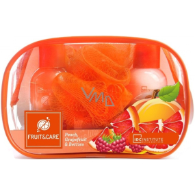 Idc Institute Fruit & Care Peach, Grapefruit & Berries Travel set shower gel 100 ml + body lotion 100 ml + washing sponge + case, cosmetic set