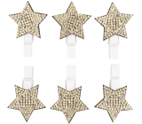 Wooden star on a clip with golden stones 3 cm 6 pieces