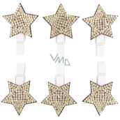 Wooden star on a clip with golden stones 3 cm 6 pieces
