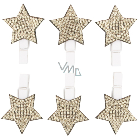 Wooden star on a peg with gold stones 3 cm 6 pieces
