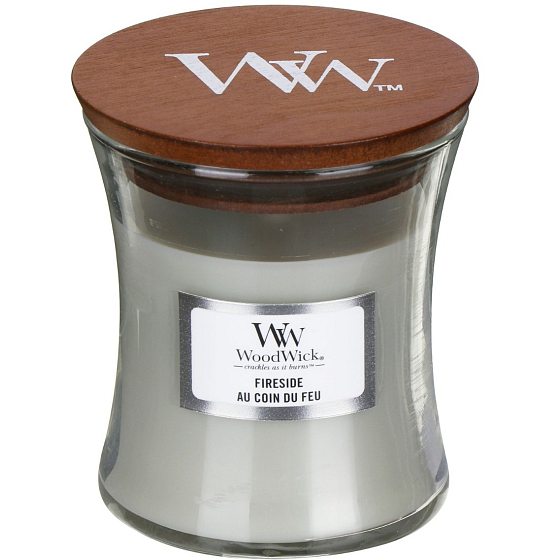 WoodWick Fireside - Fire in the fireplace scented candle with wooden wick and lid glass small 85 g