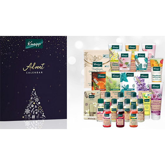 Kneipp Advent calendar mix of bath and massage oils, shower gels, body scrubs, bath salts, body lotion, lip balm and hand creams, cosmetic set