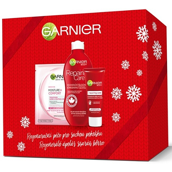 Garnier Reparing Care Regenerating Body Lotion for Dry Skin 400 ml + Reparing Care Regenerating Hand Cream 100 ml + Moisture + Comfort Textile Face Mask 32 g, cosmetic set