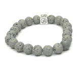 Lava light grey with royal mantra Om, bracelet elastic natural stone, ball 8 mm / 16-17 cm, born of the four elements