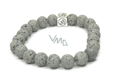 Lava light grey with royal mantra Om, bracelet elastic natural stone, ball 8 mm / 16-17 cm, born of the four elements