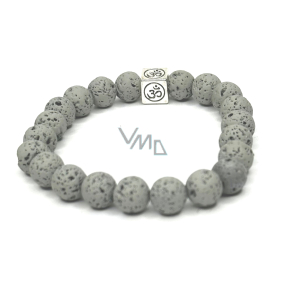 Lava light grey with royal mantra Om, bracelet elastic natural stone, ball 8 mm / 16-17 cm, born of the four elements