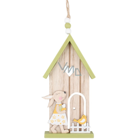 Green wooden house with bunny for hanging 16 cm