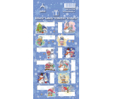 Christmas labels stickers for gifts teddy bear with hat and tree, blue sheet 12 labels