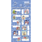 Christmas labels stickers for gifts teddy bear with hat and tree, blue sheet 12 labels