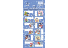 Christmas labels stickers for gifts teddy bear with hat and tree, blue sheet 12 labels