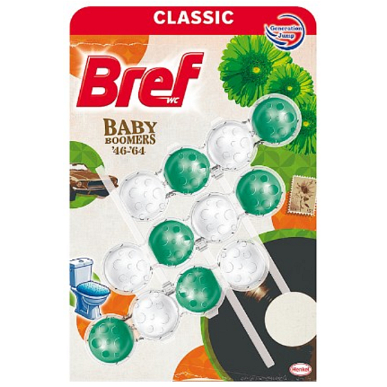 Bref Classic 4 Baby Boomers WC blok, balení 3 x 50 g, pro hygienickou čistotu a svěžest toalety.