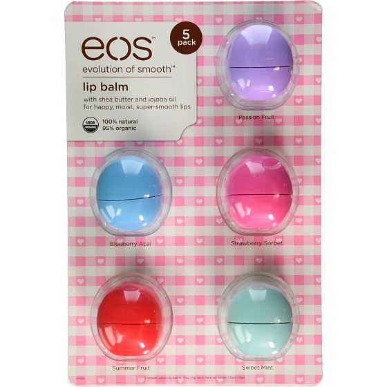 Eos Lip Balm 5 Pack Passion Fruit, Blueberry Acai, Strawberry Sorbet, Summer Fruit, Sweet Mint Lip Balm 5 x 7 g