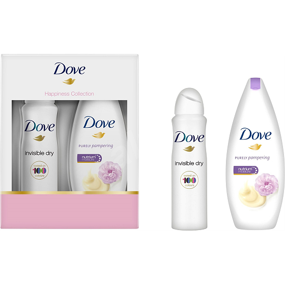 Dove Purely Pampering Cream and Peony Shower Gel for Women 250 ml + Invisible Dry antiperspirant spray 150 ml, cosmetic set