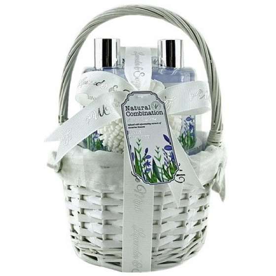 Salsa Collection Lavender, sage and mint shower gel 140 ml + bath foam 140 ml + hand cream 50 ml + bath sponge, cosmetic set in a wicker basket