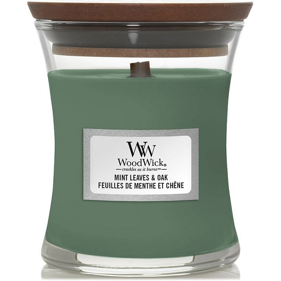 WoodWick Mint Leaves & Oak scented candle with wooden wick and lid glass small 85 g