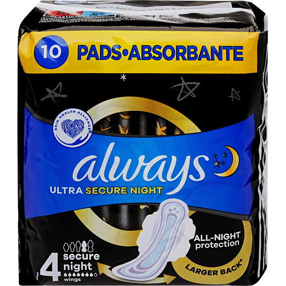Always Ultra Secure Night Protection sanitary pads with wings 10 pieces