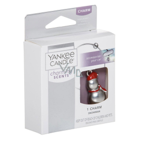 Yankee Candle Charming Scents metal pendant in the shape of a snowman on a Snowman car tag