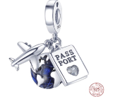 Charm Sterling silver 925 Round the world, globe, passport, plane, 3in1 travel bracelet pendant