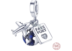 Charm Sterling silver 925 Round the world, globe, passport, plane, 3in1 travel bracelet pendant