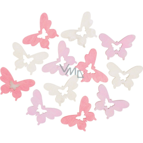 Butterfly wooden beige, pink, light purple 4 cm, 12 pieces