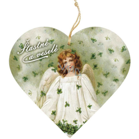 Bohemia Gifts Wooden decorative heart with print Angel with four leaves 12 cm