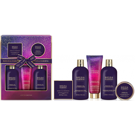 Baylis & Harding Fig and Pomegranate shower gel 300 ml + shower cream 300 ml + body lotion 130 ml + toilet soap 150 g + bath crystals 100 g, cosmetic set for women