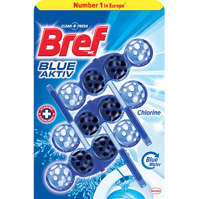 Bref Blue Aktiv Chlorine WC block for hygienic cleanliness and freshness of your toilet, colors the water in a blue shade 3 x 50 g